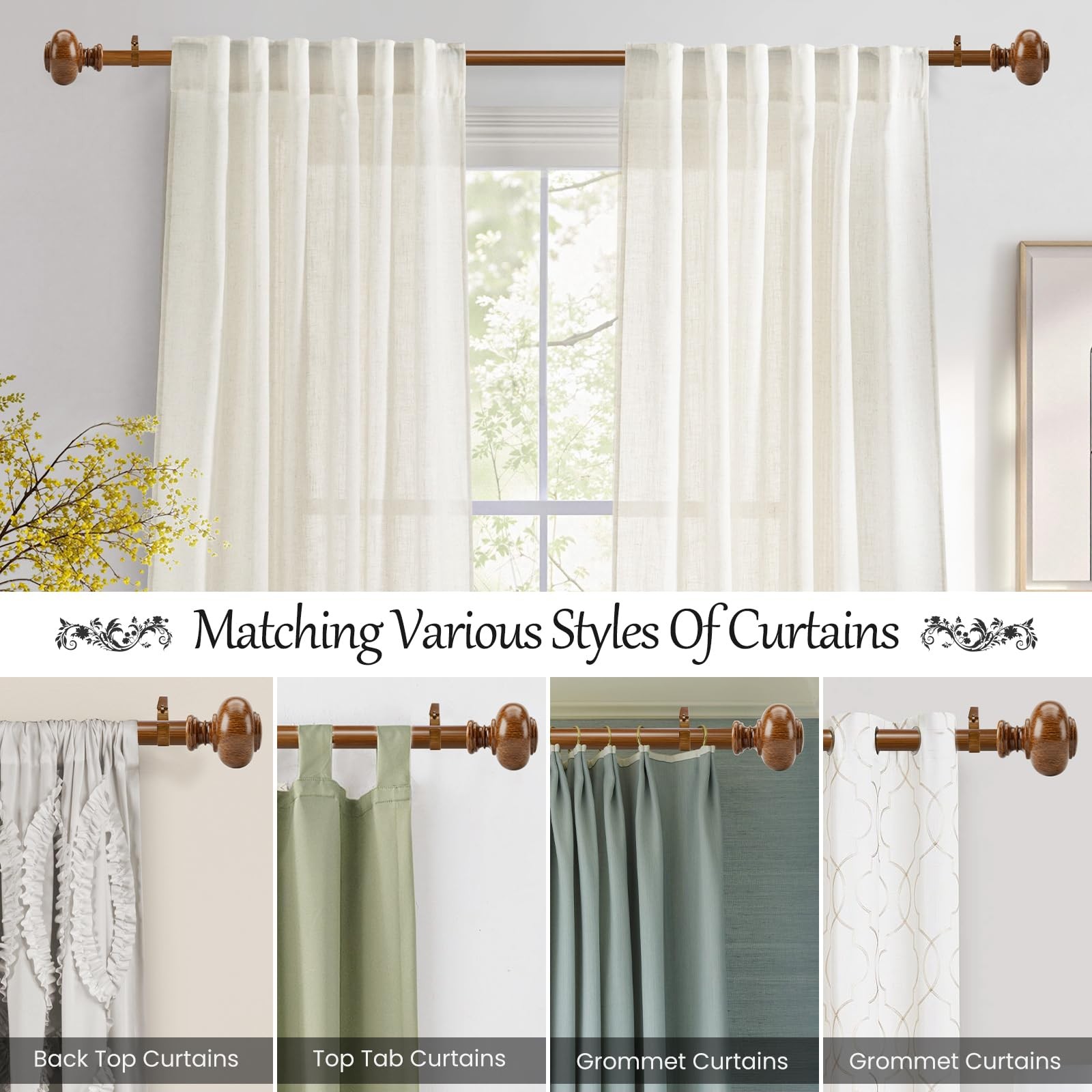 Wood Curtain Rod for Windows 66 to 120 Inches(5.5-10ft): 1 inch Diameter Heav…