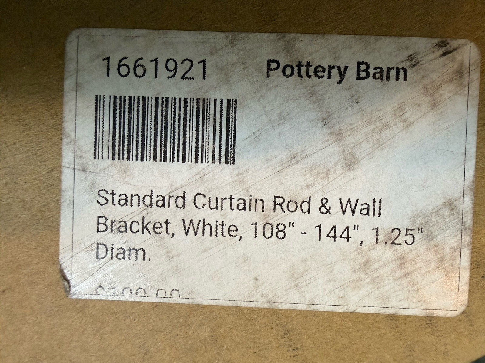 Pottery Barn Standard Curtain Rod & Wall Bracket – 108-144″ – 1.25″ White – New