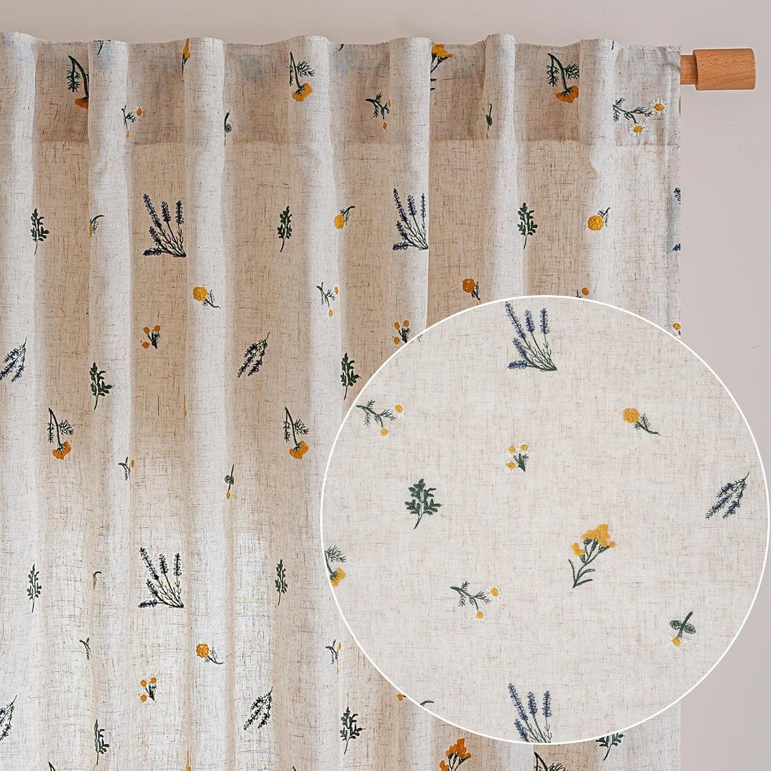 Boho Daisy Embroidered Linen Curtains 96″ Beige Floral Drapes, 2 Panels