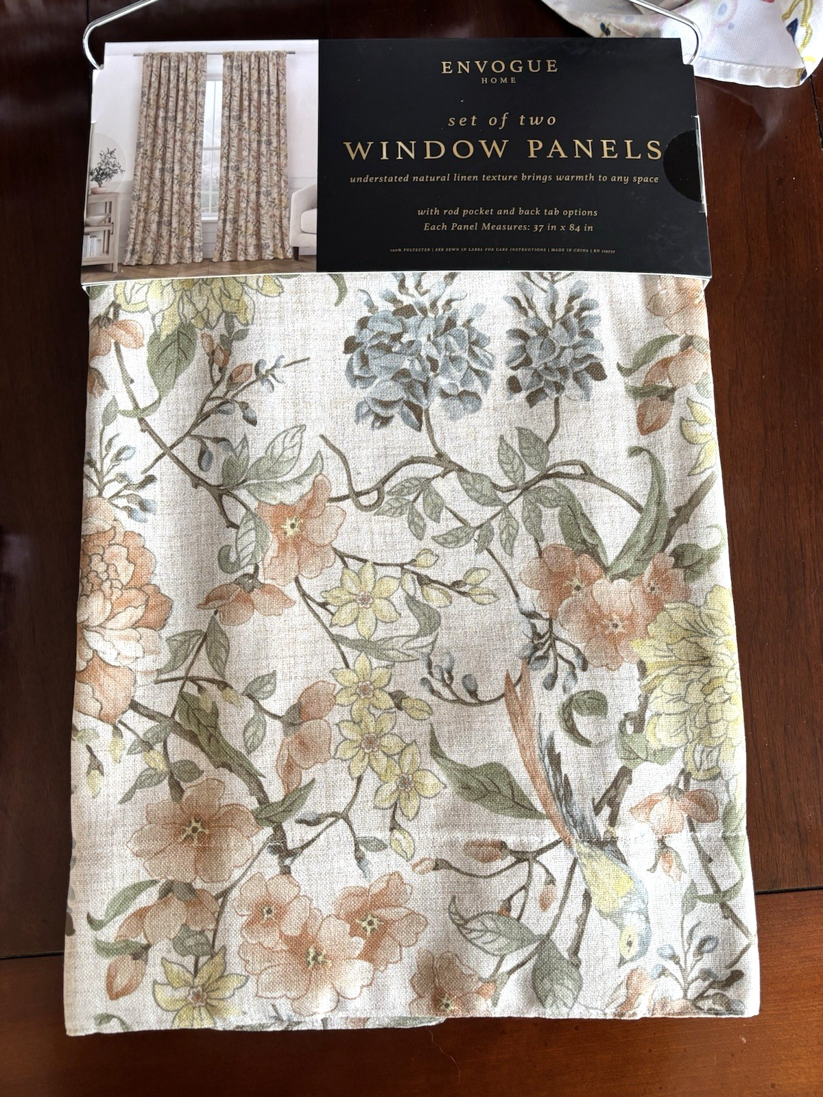 ENVOGUE Window Curtains 2 Panels Beige 37” x 84” Flowers Birds Floral New