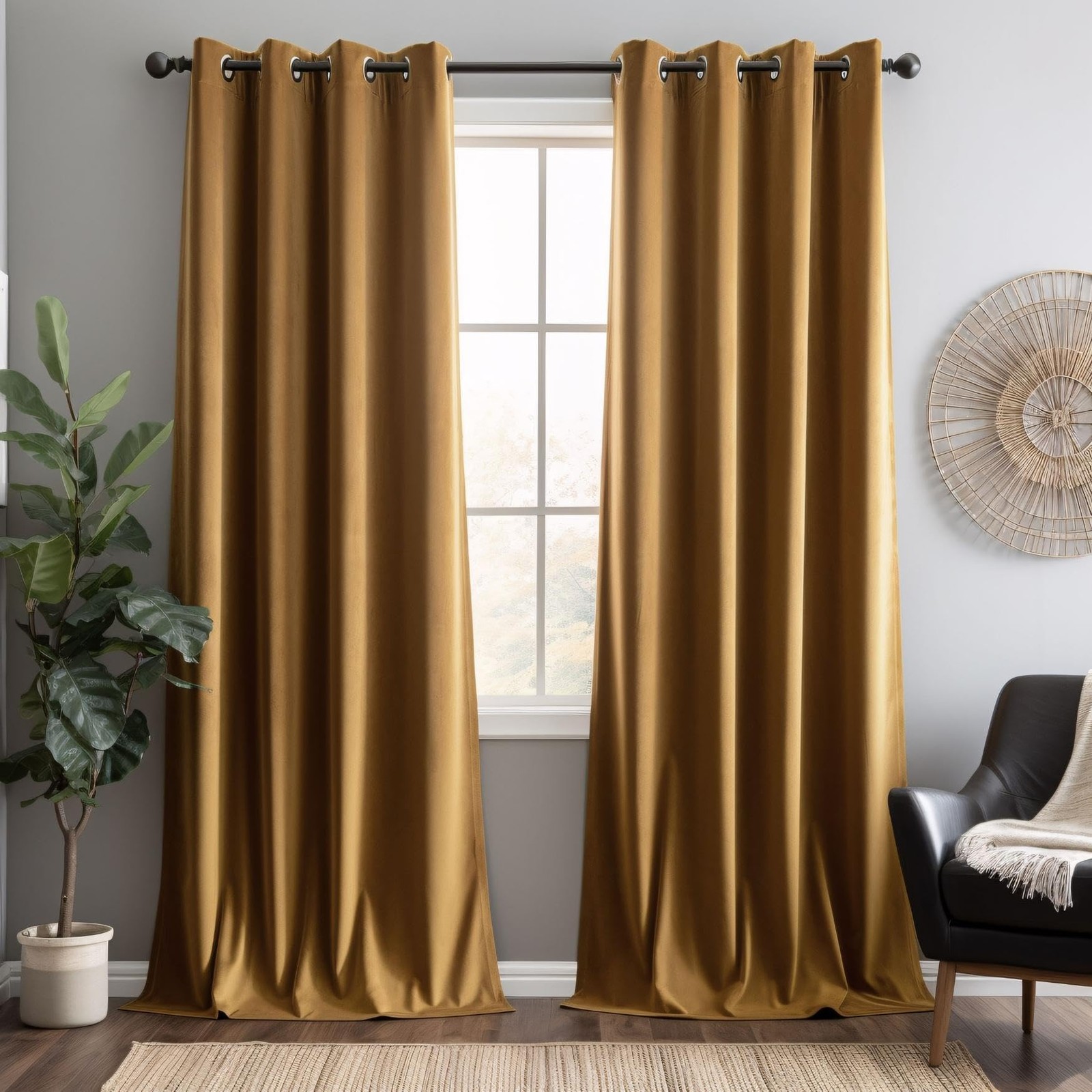 GOLD BROWN VELVET CURTAINS 84 INCHES 2 PANELS SET SUPER SOFT GROMMET CURTAINS FO