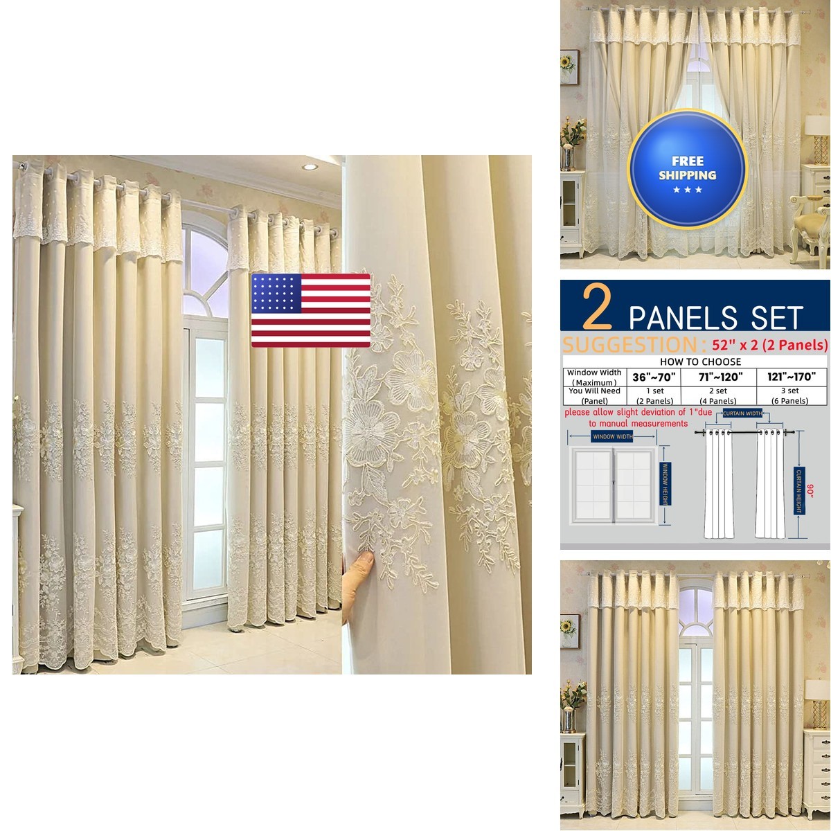 Amidoudou 1 Pair European Double Layer Curtains Luxury Flower Embroidered