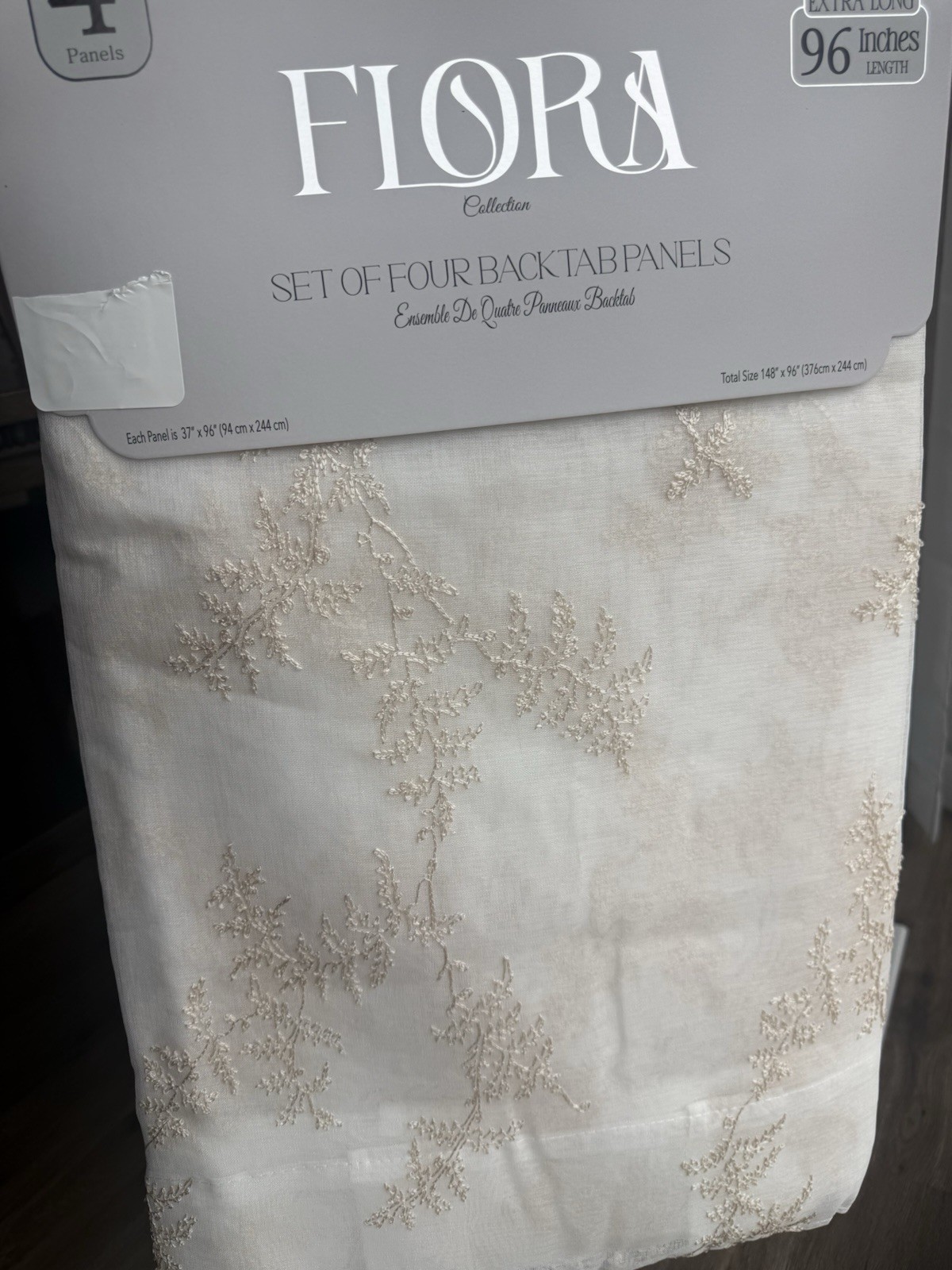 Flora Sheer Embroidered Ivory Beige 4 Panels Back Tap Curtains 37 X 96”, New