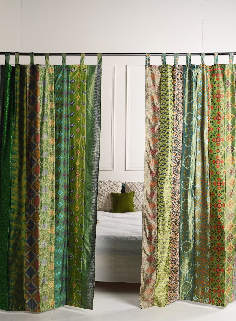 2 Pcs Indian Sari Patchwork Curtain Drape Window Decor Green Silk Sari Curtain