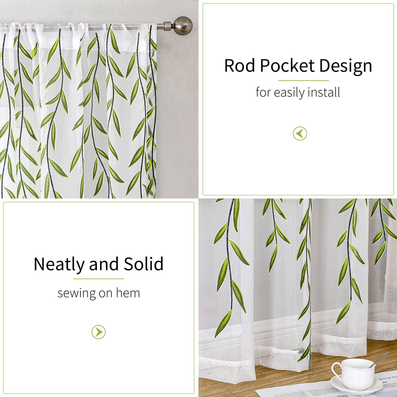 Short Sheer Curtains 2 Panel Set,Green Print Curtains Sheer Leaf Pattern White S