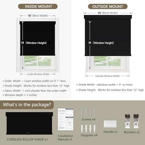 Cordlessout Roller Shades Blinds for Windows Free-Stop,Pull 20″W x 72″H Black