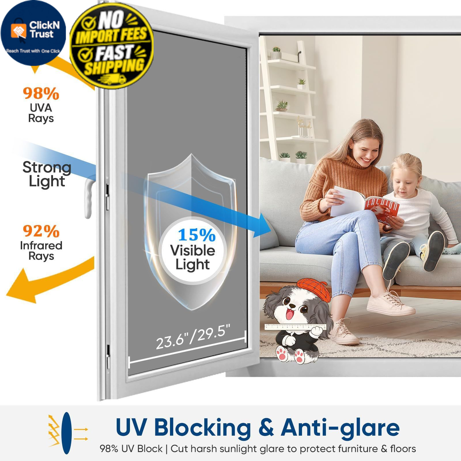SUNBABY Window Tint for Home, One Way Privacy Film 17.5 x 78.7inch, Black