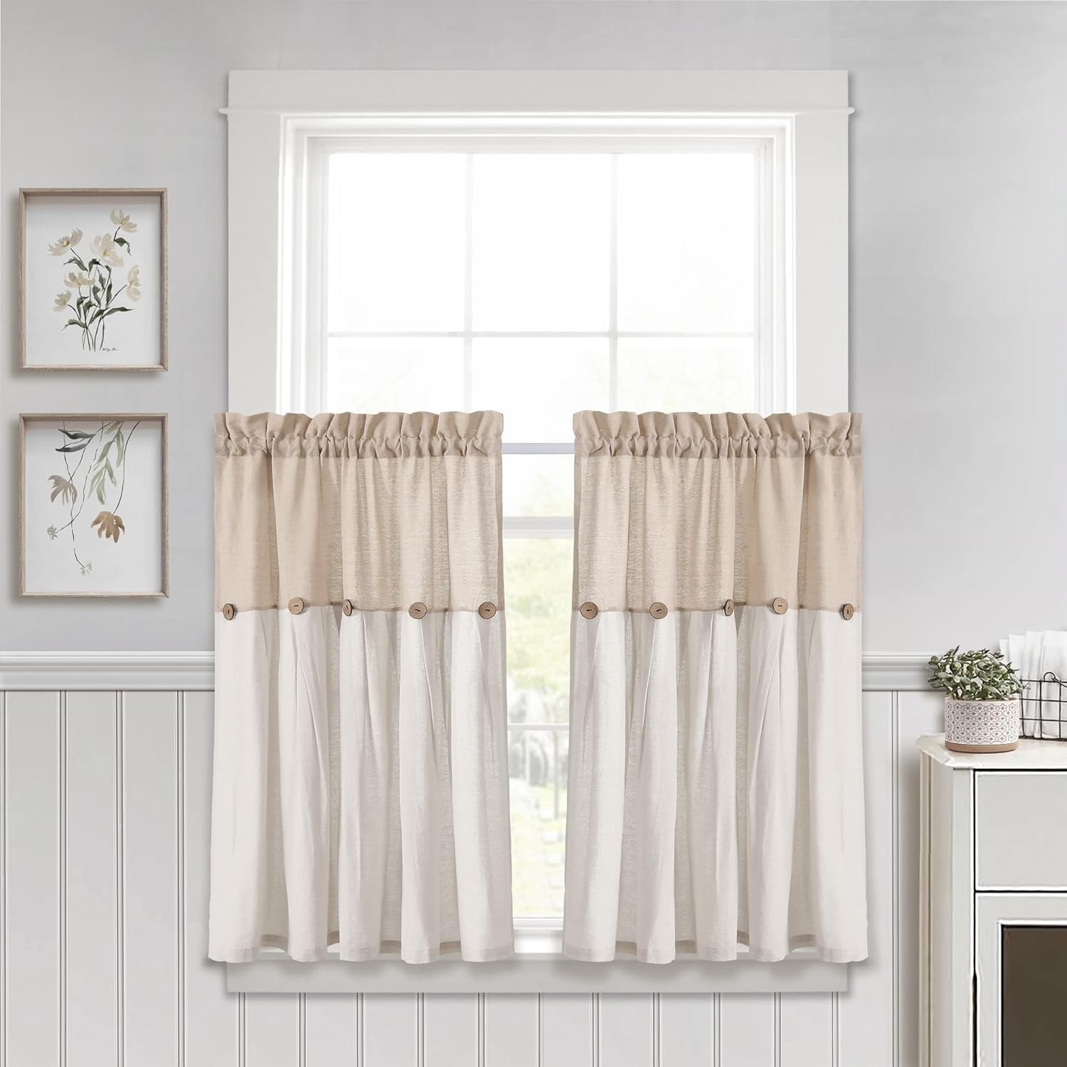 Button Farmhouse Kitchen Curtains Tier Set 29″W x 36″L Dark Linen Linen