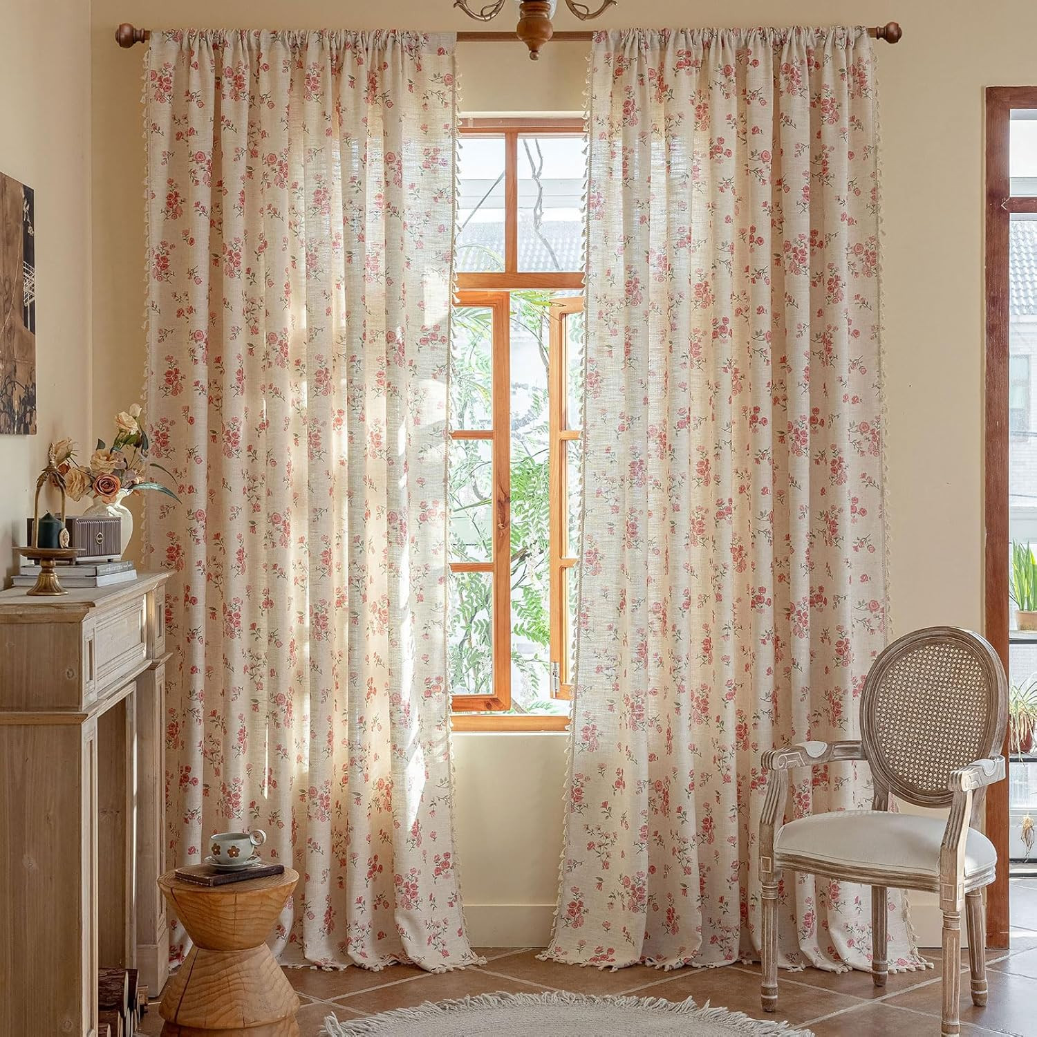 Pink Boho Floral Curtains 84 Inch Long 2 Panels, French Vintage Farmhouse Patter