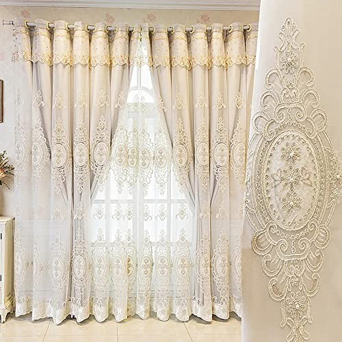 1 Pair Luxury 3D Flower Embroidered Curtains for 52″W x 84″L (Pack of 2) Beige