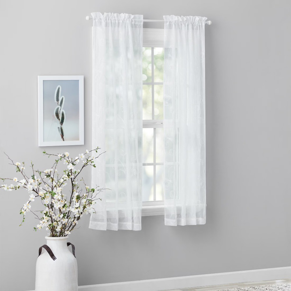 Embroidered Sheer Single Curtain Panel with Rod Pocket White 38 x 63 Inches