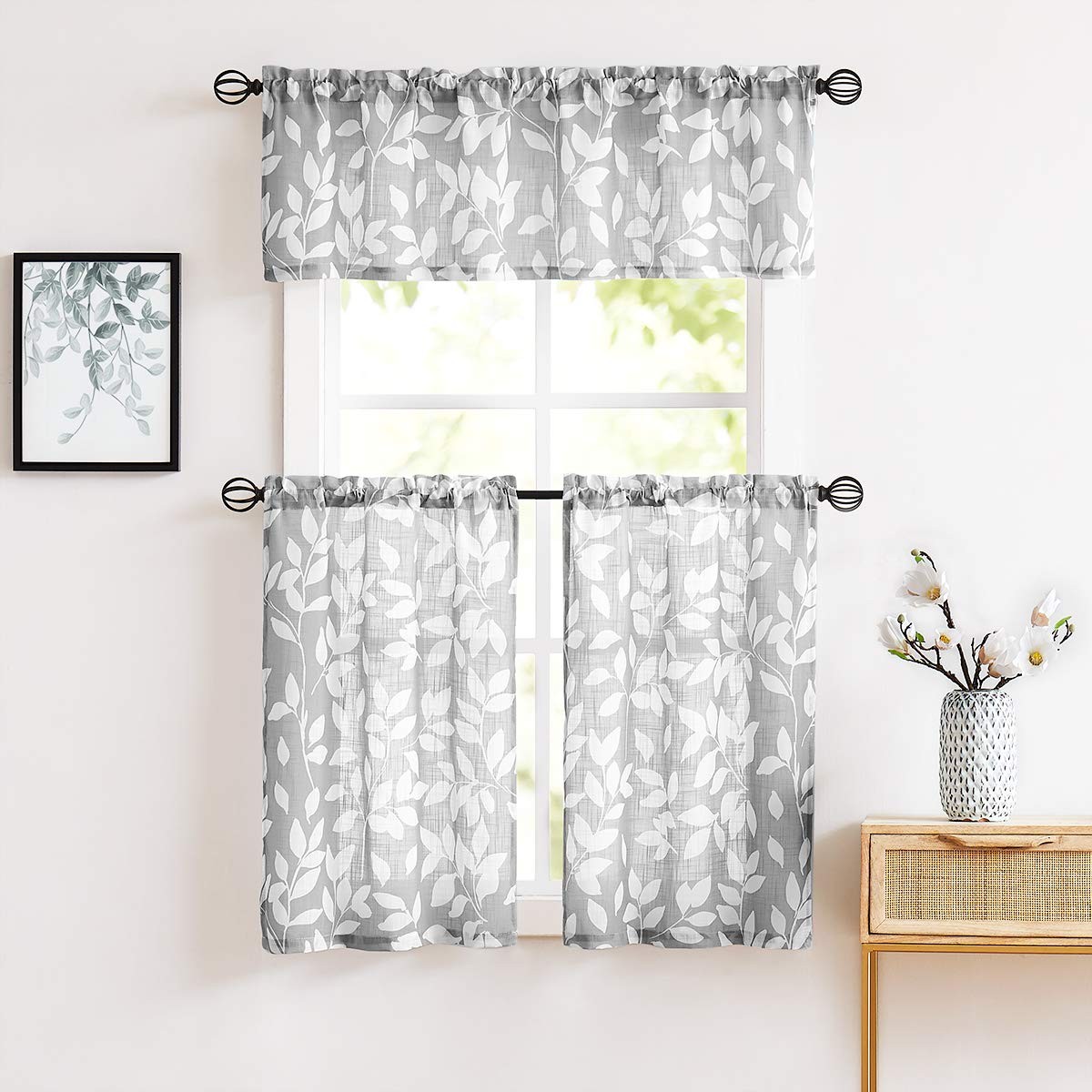 Grey White Kitchen Curtains 36″ Short Café Curtain Set for Windows Leaf Print…
