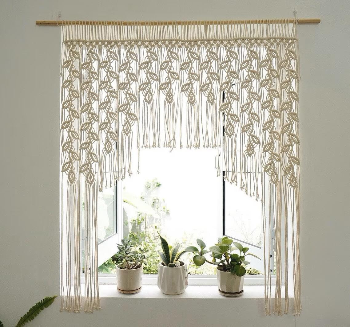 Macrame Valance Curtain 33.4X43.3Inch Farmhouse Boho Curtains Lvory Color Leaf T
