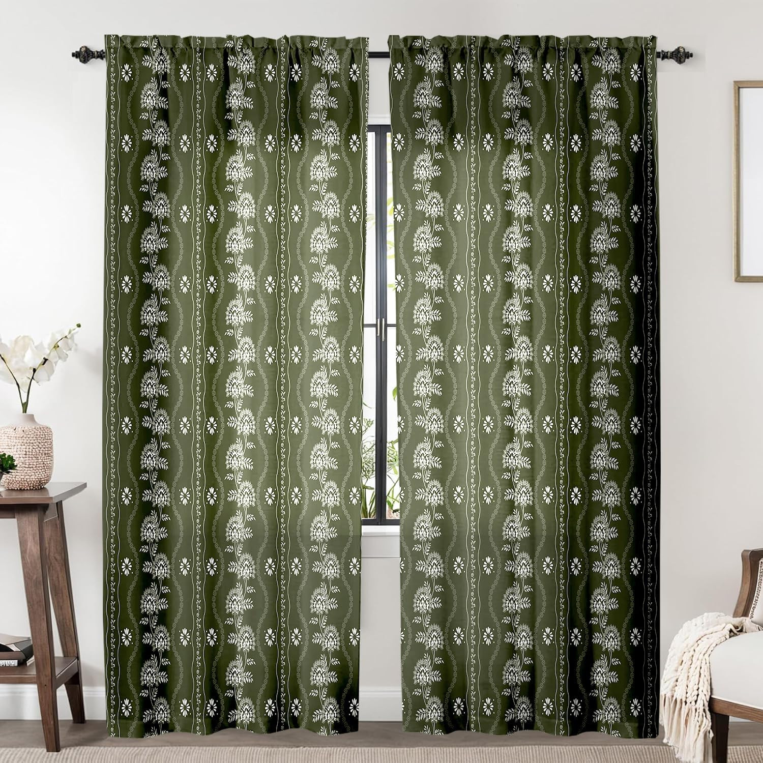 Green Floral Curtains 84 Inch Length 2 Panels Set Olive Green and White Vintage