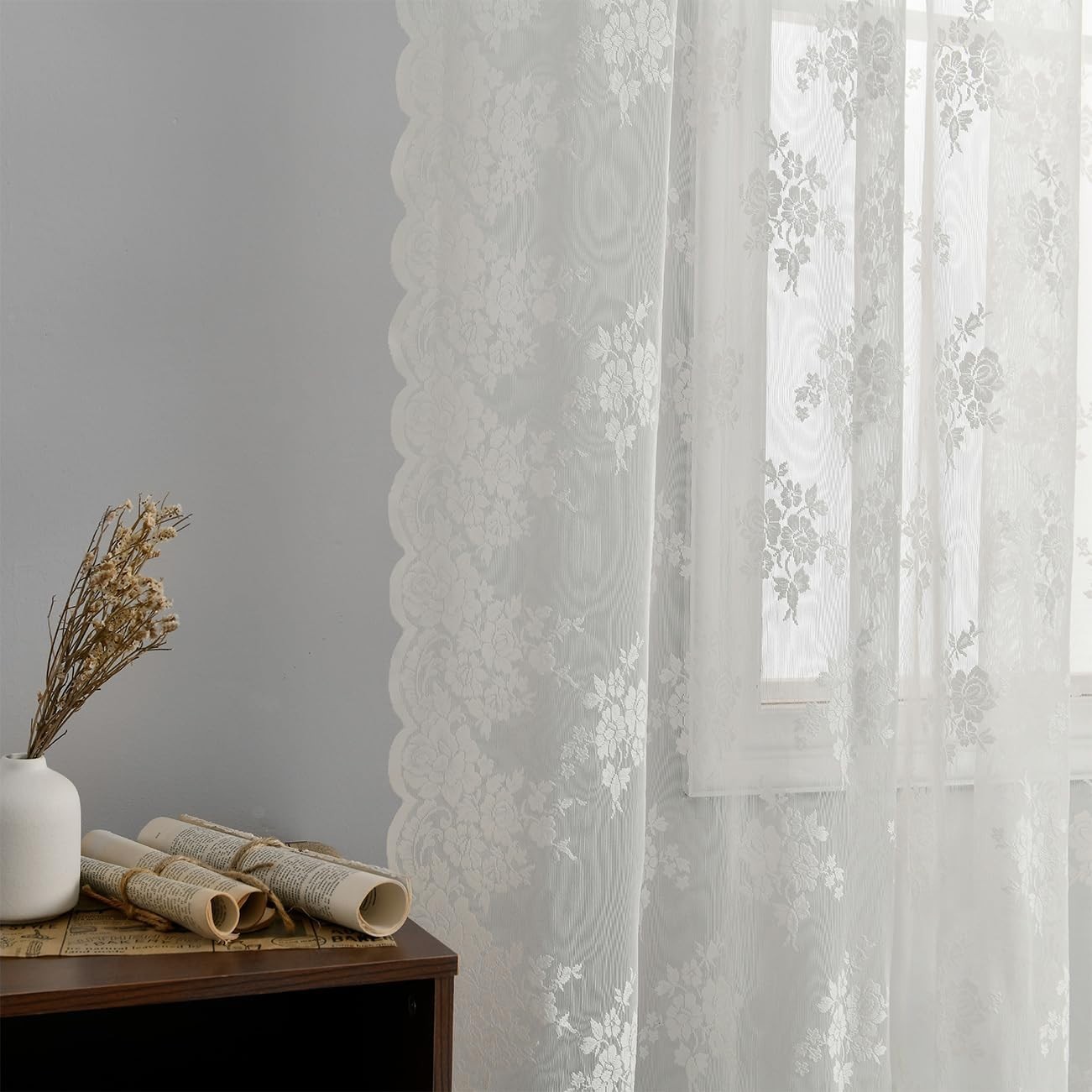 White Lace Curtains 72 Inches Long 2 Panels, Country Rustic Floral Design She…