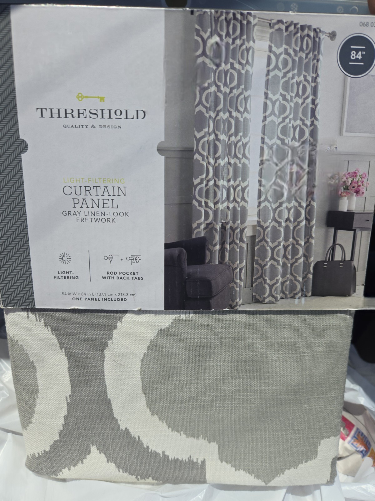 84″ Curtain Panel Gray Linen Look Light Filtering Moroccan Tile Fretwork NEW