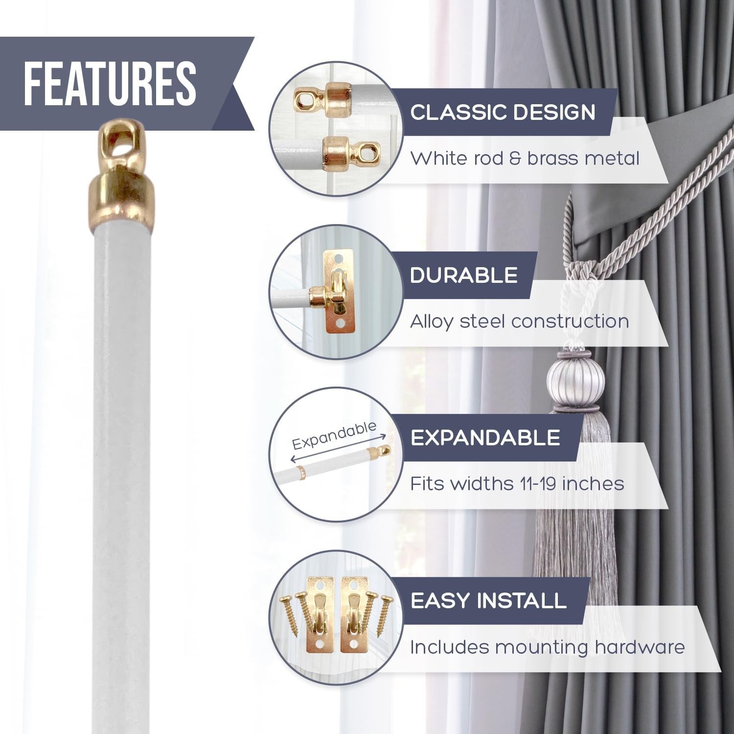5/16-Inch Swivel End Sash Curtain Rods – 2 Rods – 21 – 38 Inch Adjustable Width