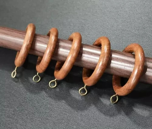 Vintage Lot of 16 Rustic Wooden Curtain Rod Pole Rings With Eye Hooks A2 16 pic