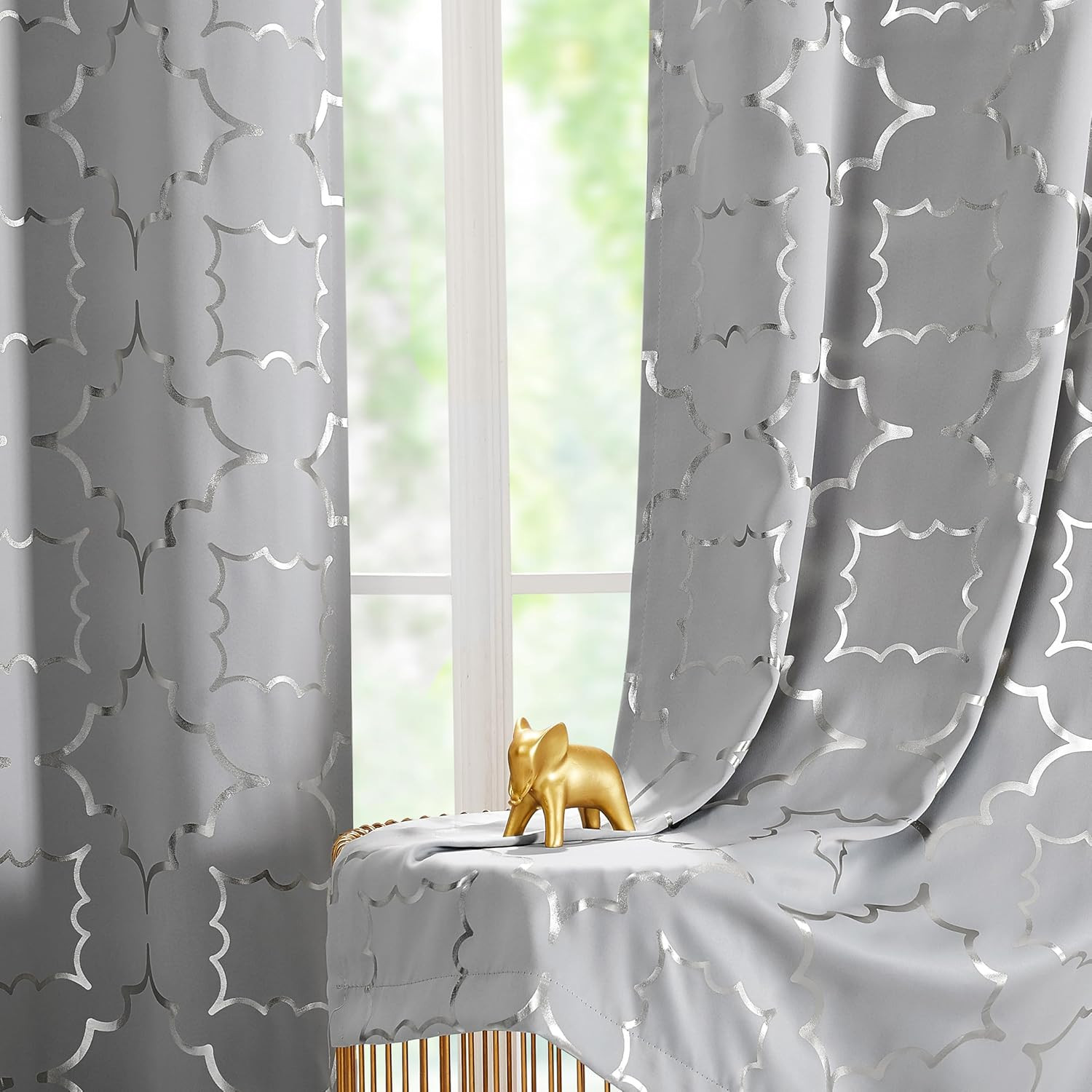 Purainbow Grey Blackout Curtain Panels for Bedroom 84″ Silver Foil Moroccan Meta