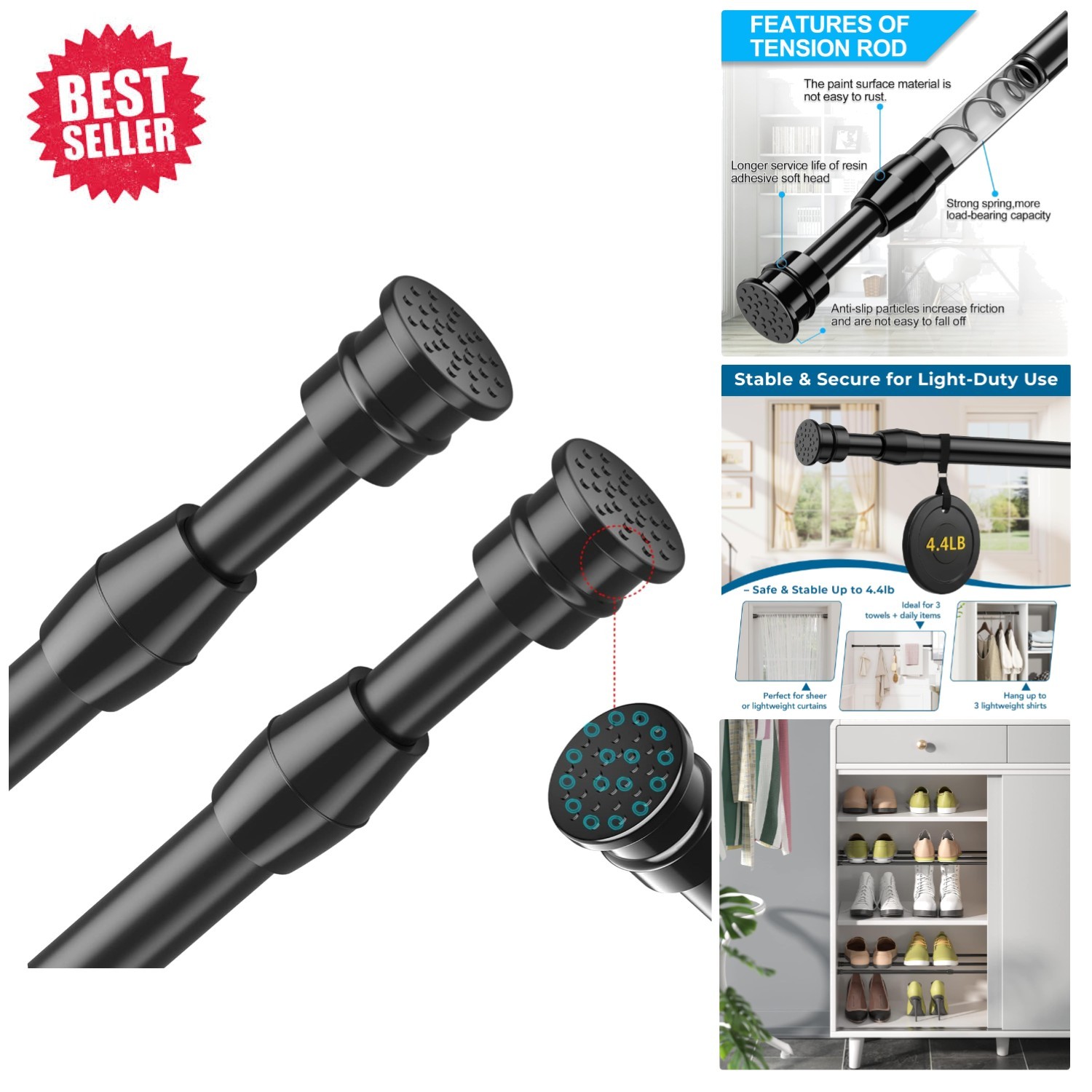 Adjustable Black Spring Tension Curtain Rods 28″-38″ – 2 Pack for Stylish Homes
