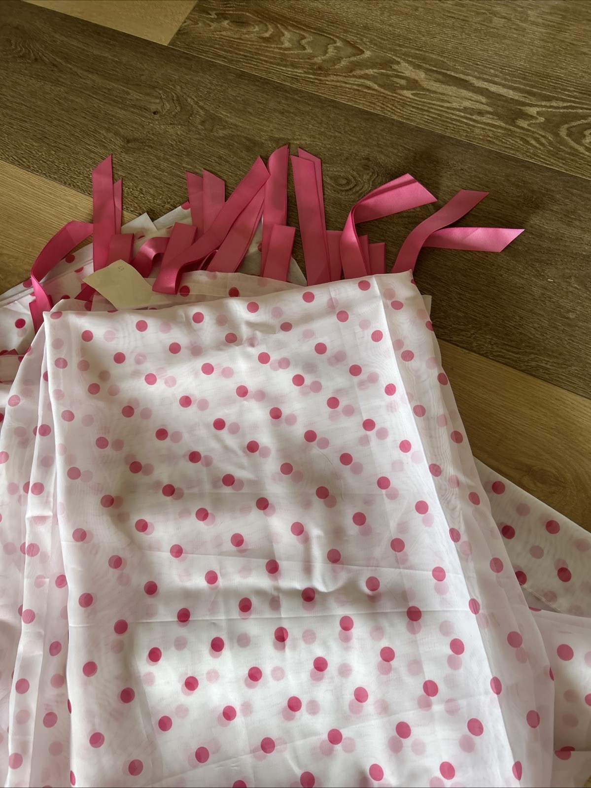 Two Sheer Curtain Pink Polka Dots & Grosgrain Ribbon Tabs “Lots Of Dots”