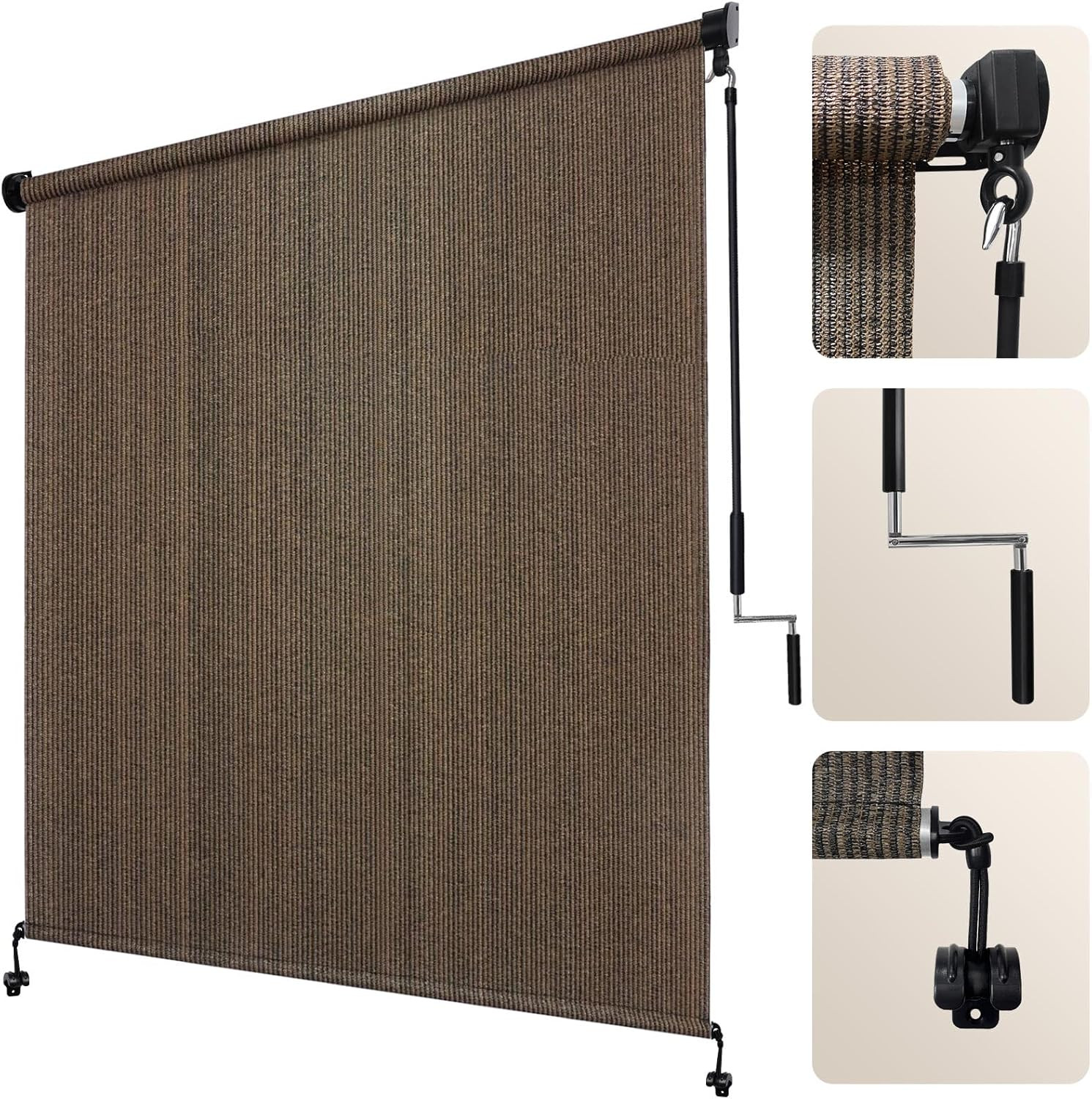 Outdoor Roller Shades 10′ W x 8′ H Cordless Patio Blinds – Mocha