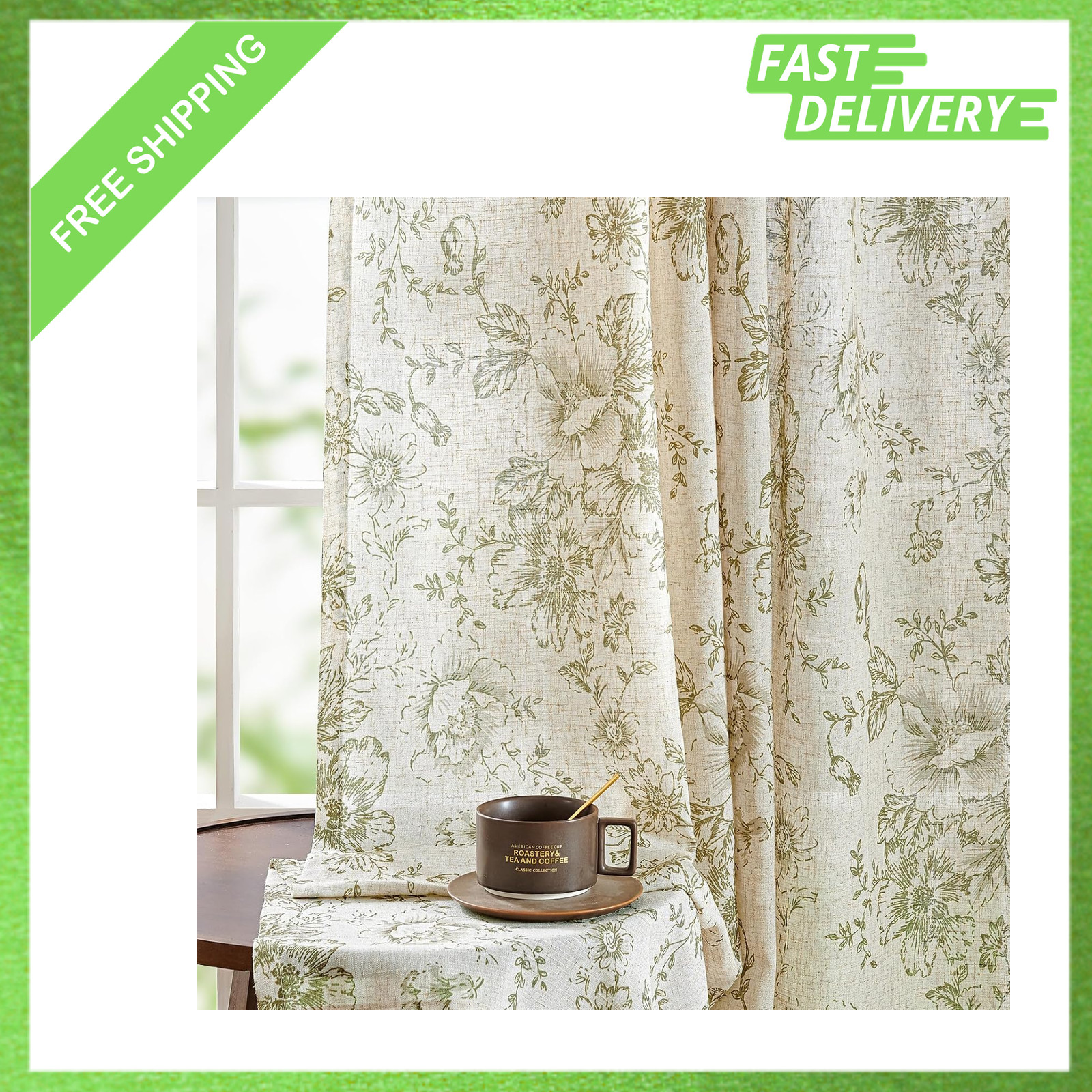 Linen Blend Floral Curtains Set 84 Inch Length Sage Green Peony Pattern 2 Panel