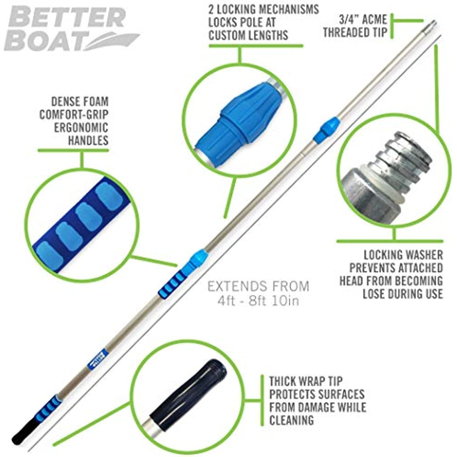 Better Boat Telescoping Pole Extendable Pole Deck Brush 3/4″ Universal End Pa…
