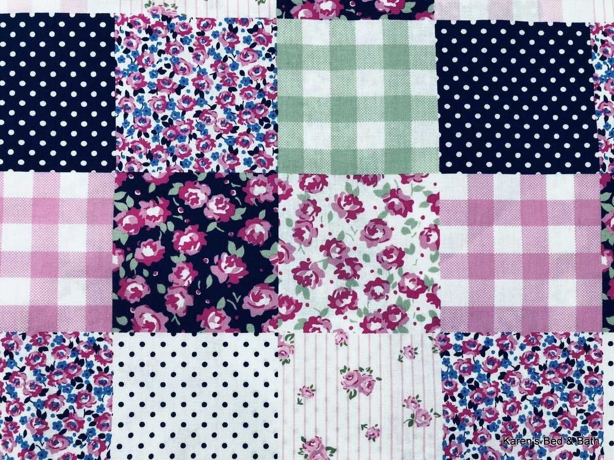 Patchwork Rose Valance – Pink Navy Gingham Floral Print – Shabby Chic Cottage