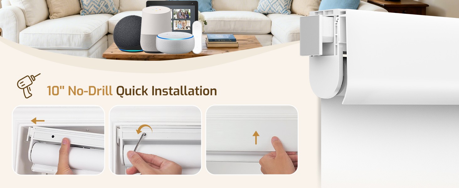 No-Drill No Tools Motorized Blinds with Remote | 34.5×72 White | Electric