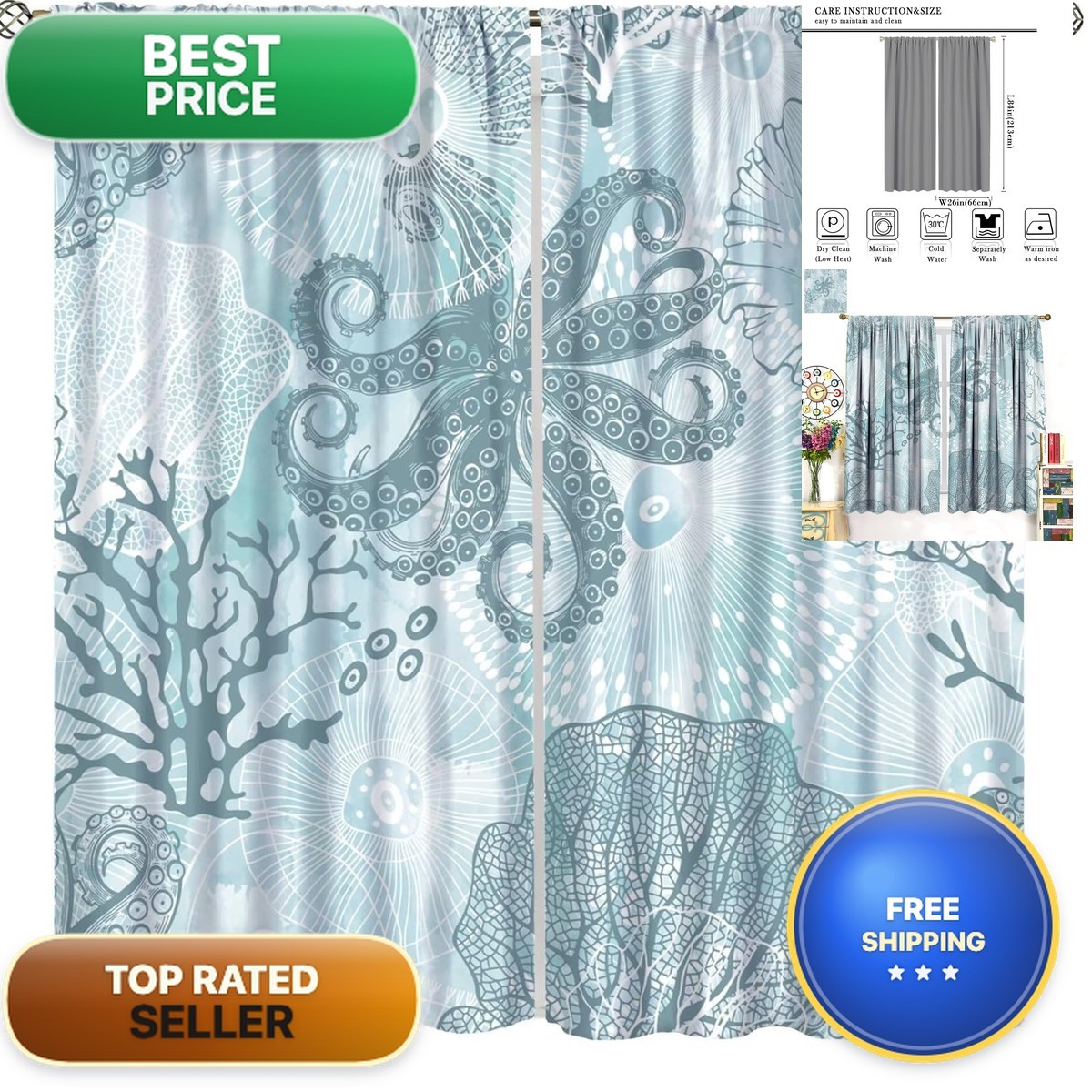 Coastal Nautical Beach Themed Thermal Insulating Blackout Curtain 2 Panels 52×84