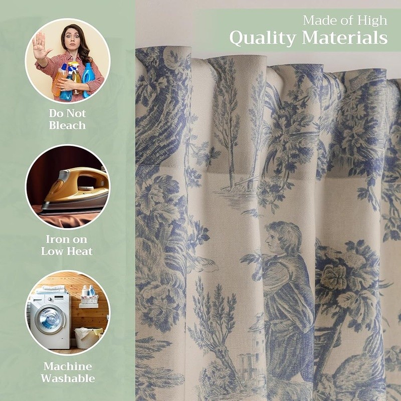 100% Cotton Toile Curtains Light Filtering Rod Pocket Home Living Decor New