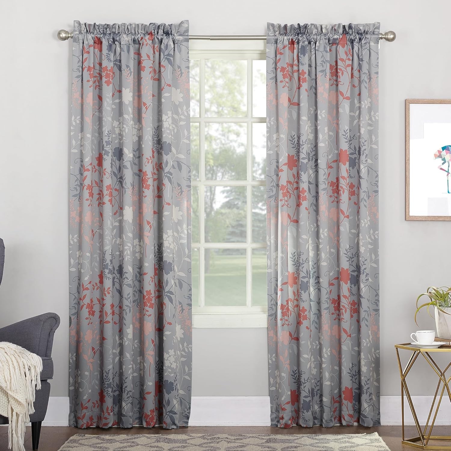 Sun Zero Kara Floral Print Energy Efficient Rod Pocket Curtain Panel, 54″ x 63″,