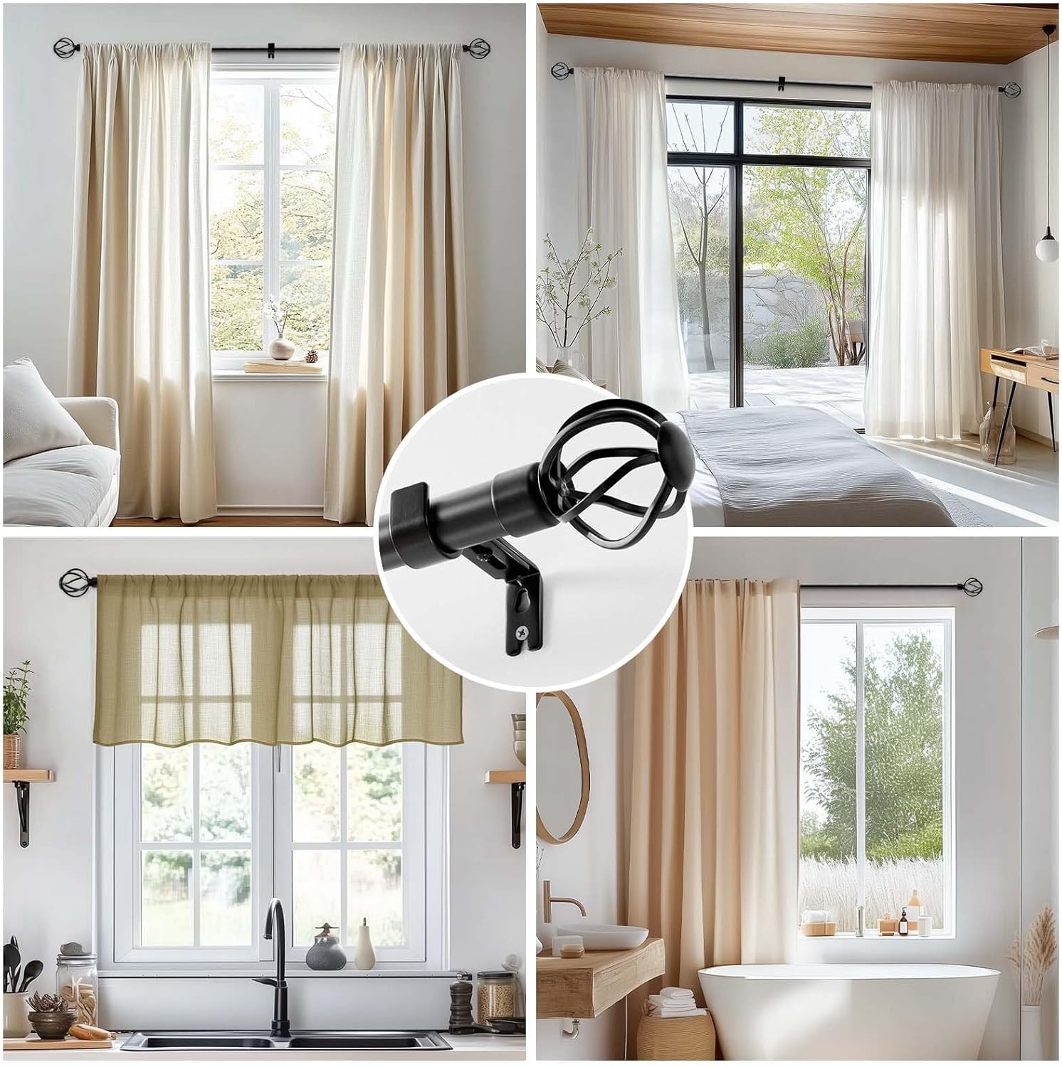 Black Curtain Rods 1 Inch Diameter Heavy Duty Adjustable 72-144″ for Windows
