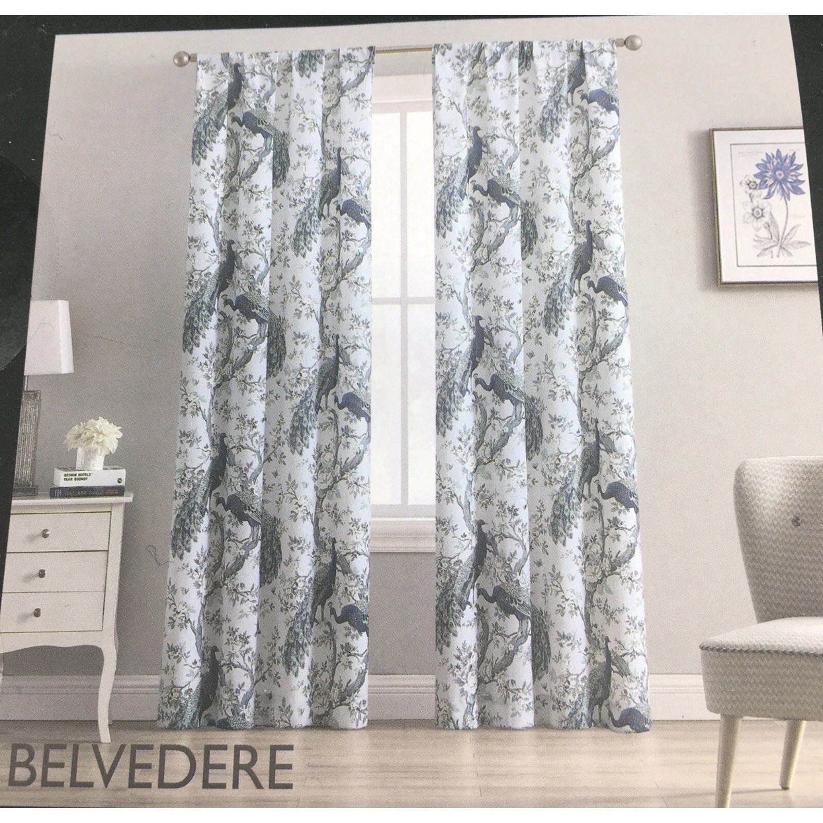 2 Sets Laura Ashley Peacock Curtain Panels 38×108 Belvedere Floral Blue Green