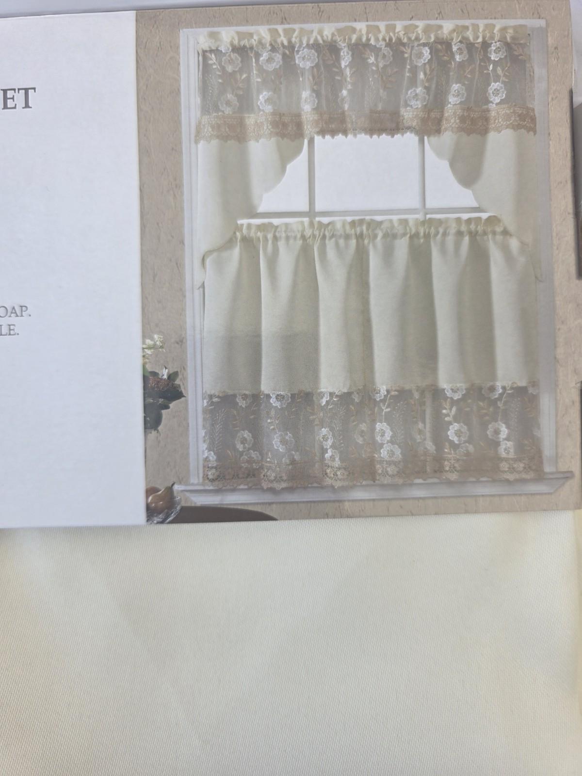 3pc Kitchen Curtain Double Rose Swag Valance Set Beige Embroidery