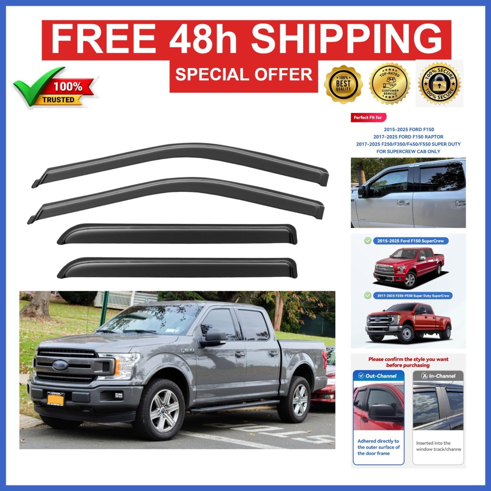 YQAUTEC Window Visors Rain Guards for Ford F150 SuperCrew 2015-2026