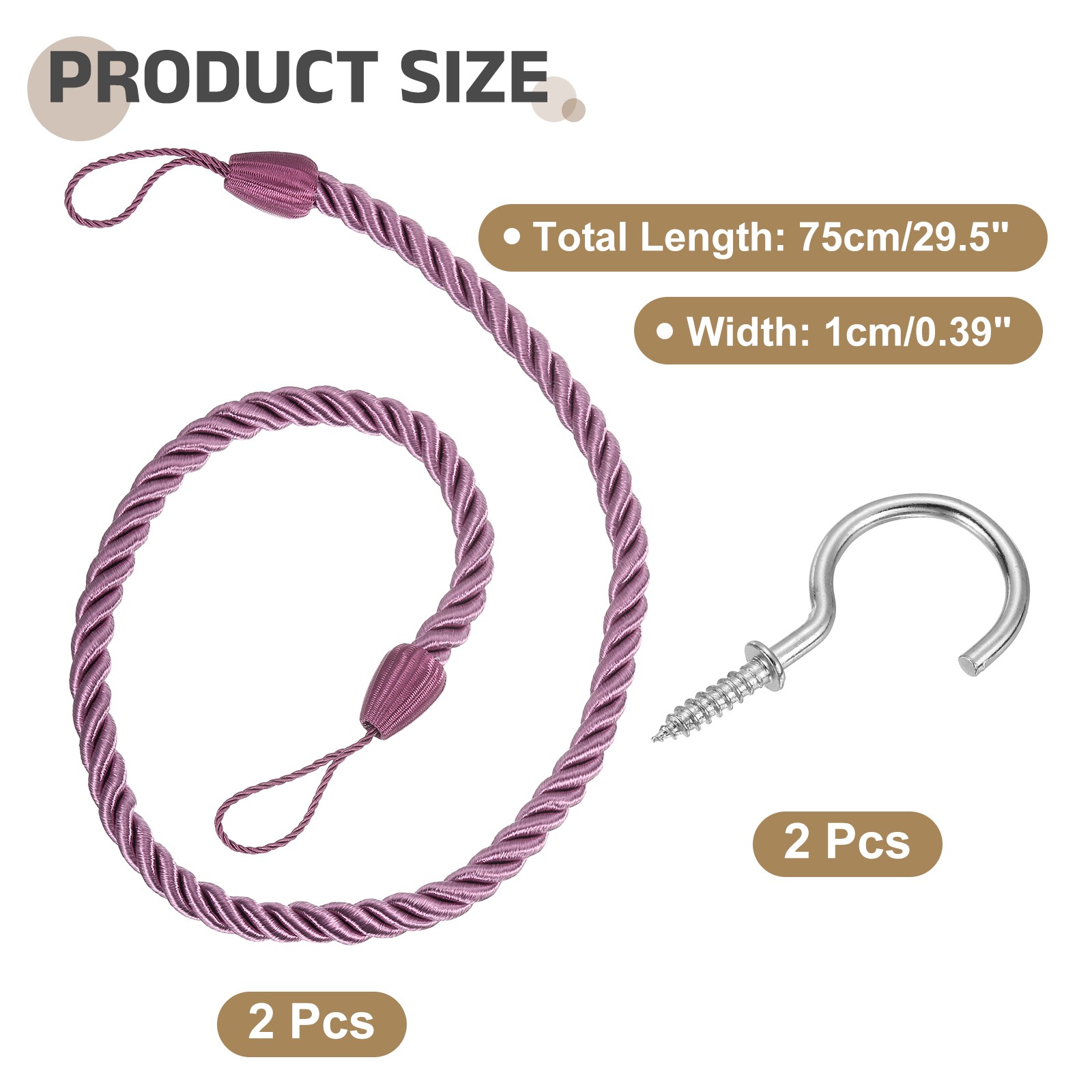 2Pcs Curtain Tiebacks 75cm/29.5″ Braided Drapery Holdback with Hook Purple