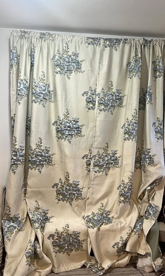 Custom 70W x 107L Ivory with Green & Blue Floral Embroidery UNLINED Drapes