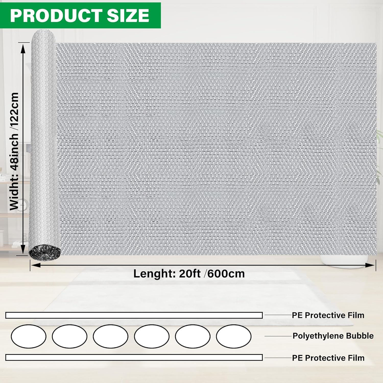 Window Insulation Roll, 48IN X 20FT Reflective Heat Shield Bubble Film, Double-S