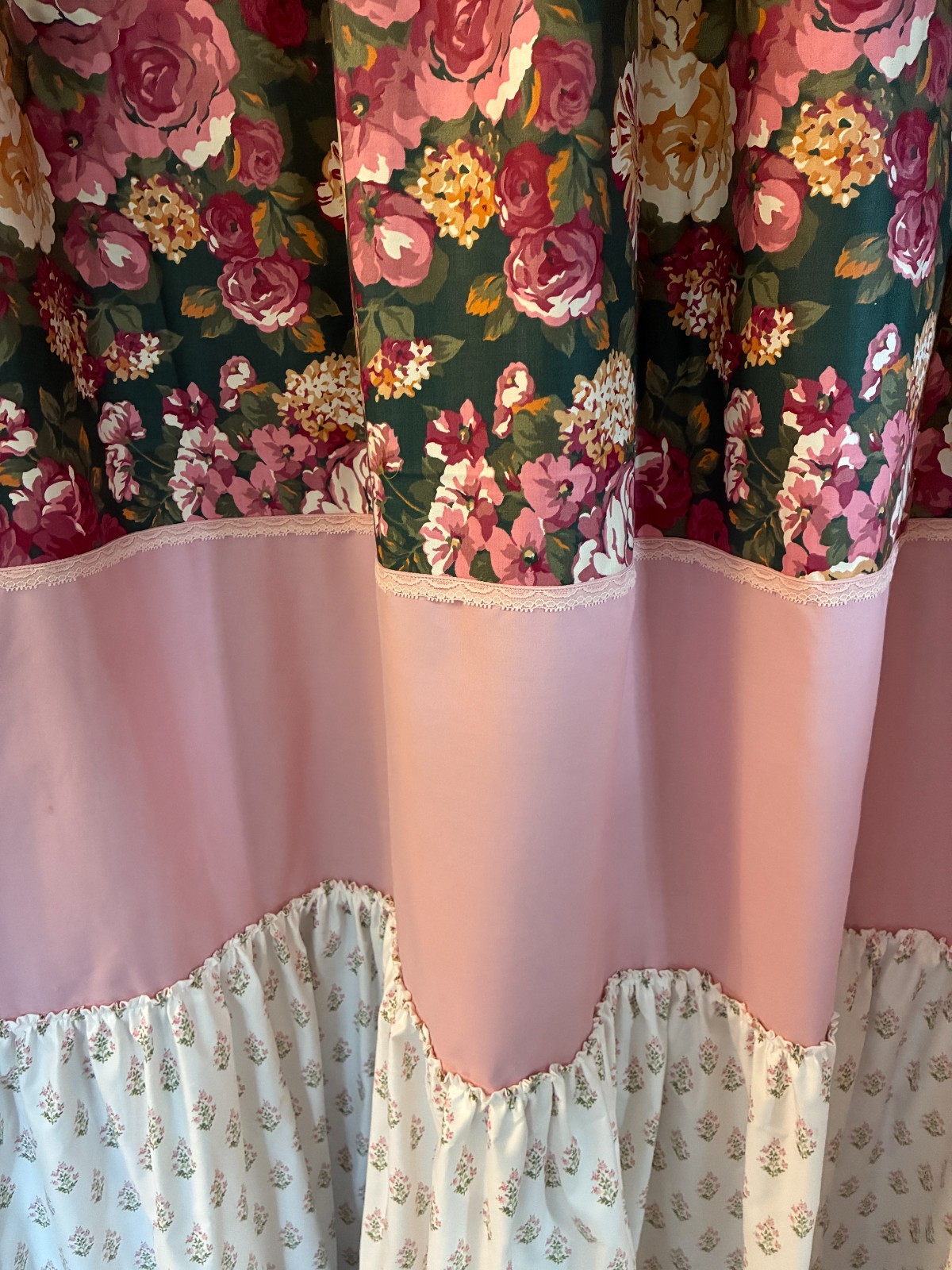 4 handmade curtain panels green pink floral layered 43 W x 83 L