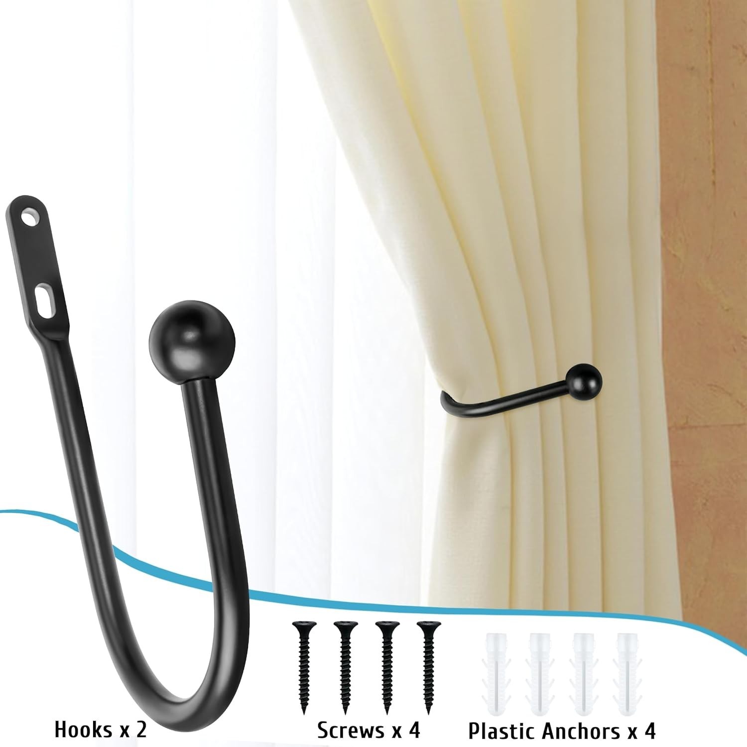 8pcs Black Wall Mount Curtain Tiebacks Aluminum Hooks, 6 inch