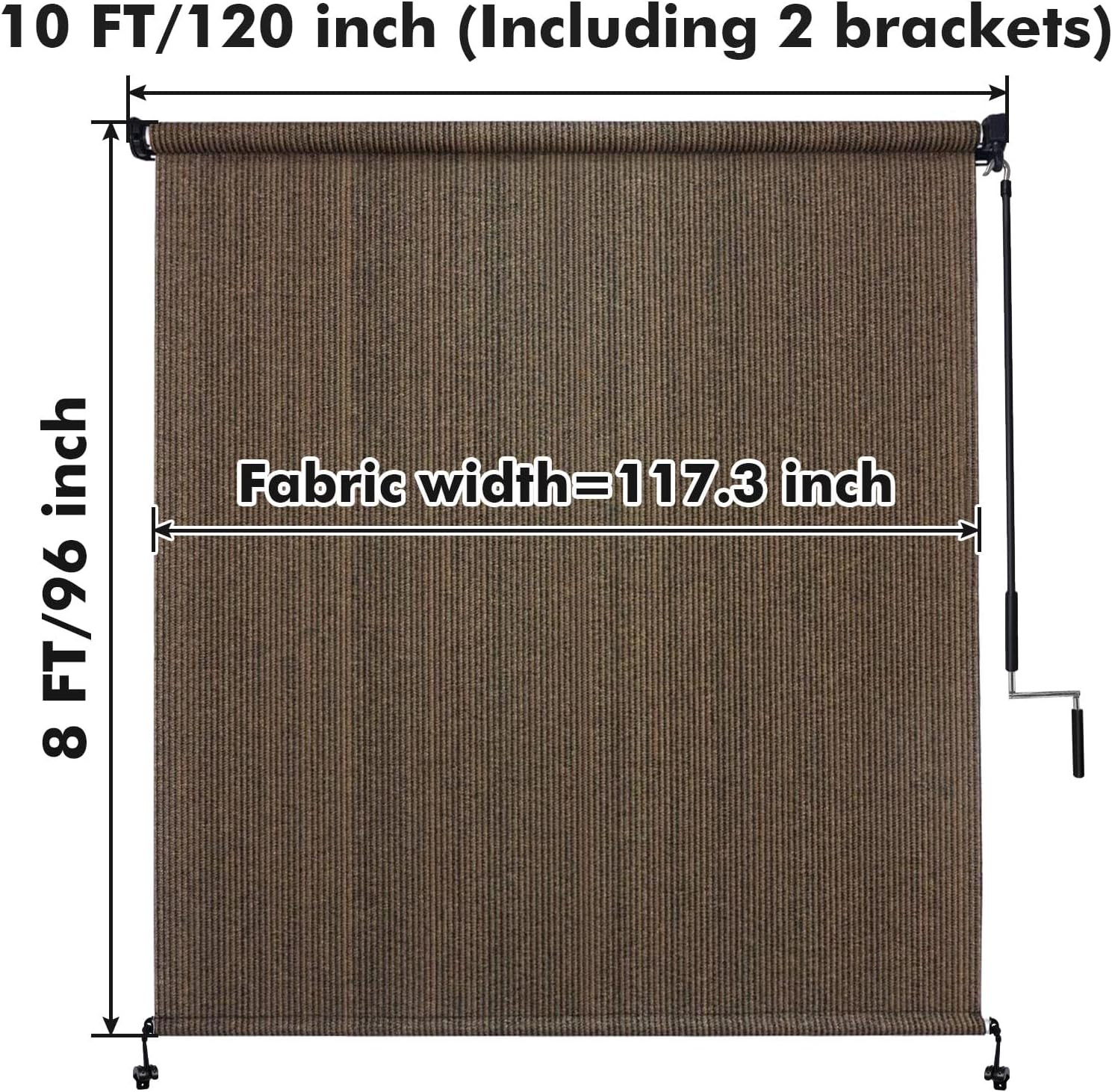 Outdoor Roller Shades 10′ W x 8′ H Cordless Patio Blinds – Mocha