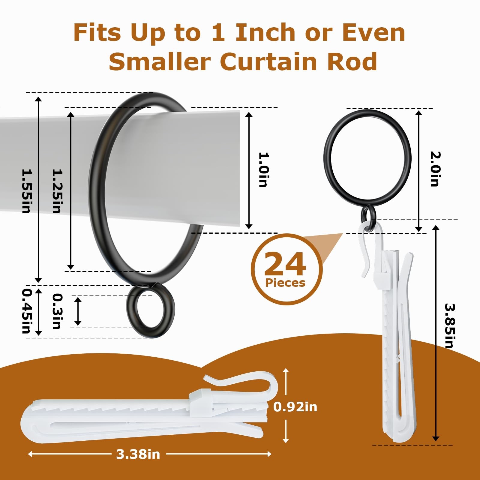 1.25 Inch Curtain Rings with Hooks, 24 Pack Black Metal Drapery Rings with Pi…