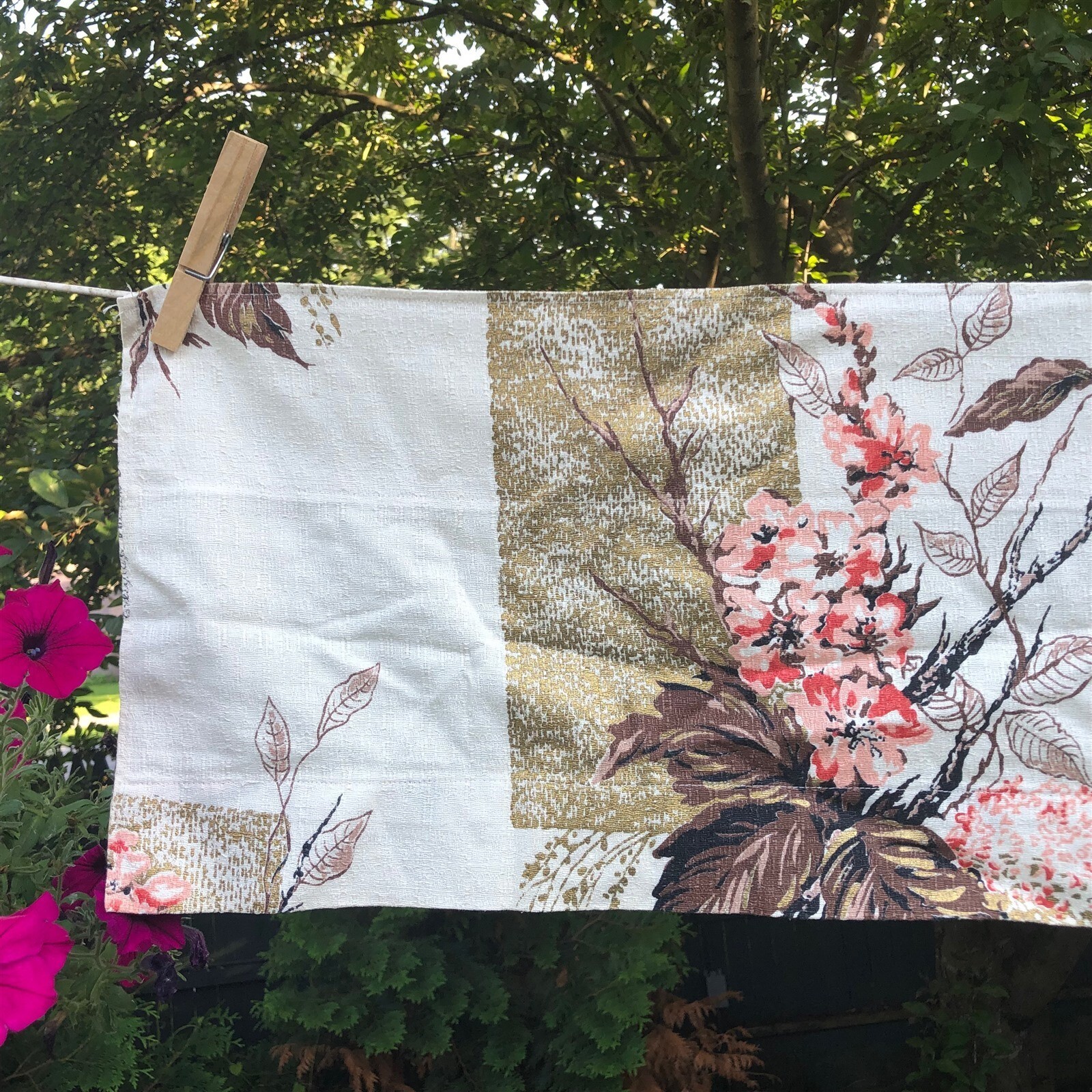Vintage Window Valance Pink Brown Barkcloth Cherry Blossom 11 x 42 drapery