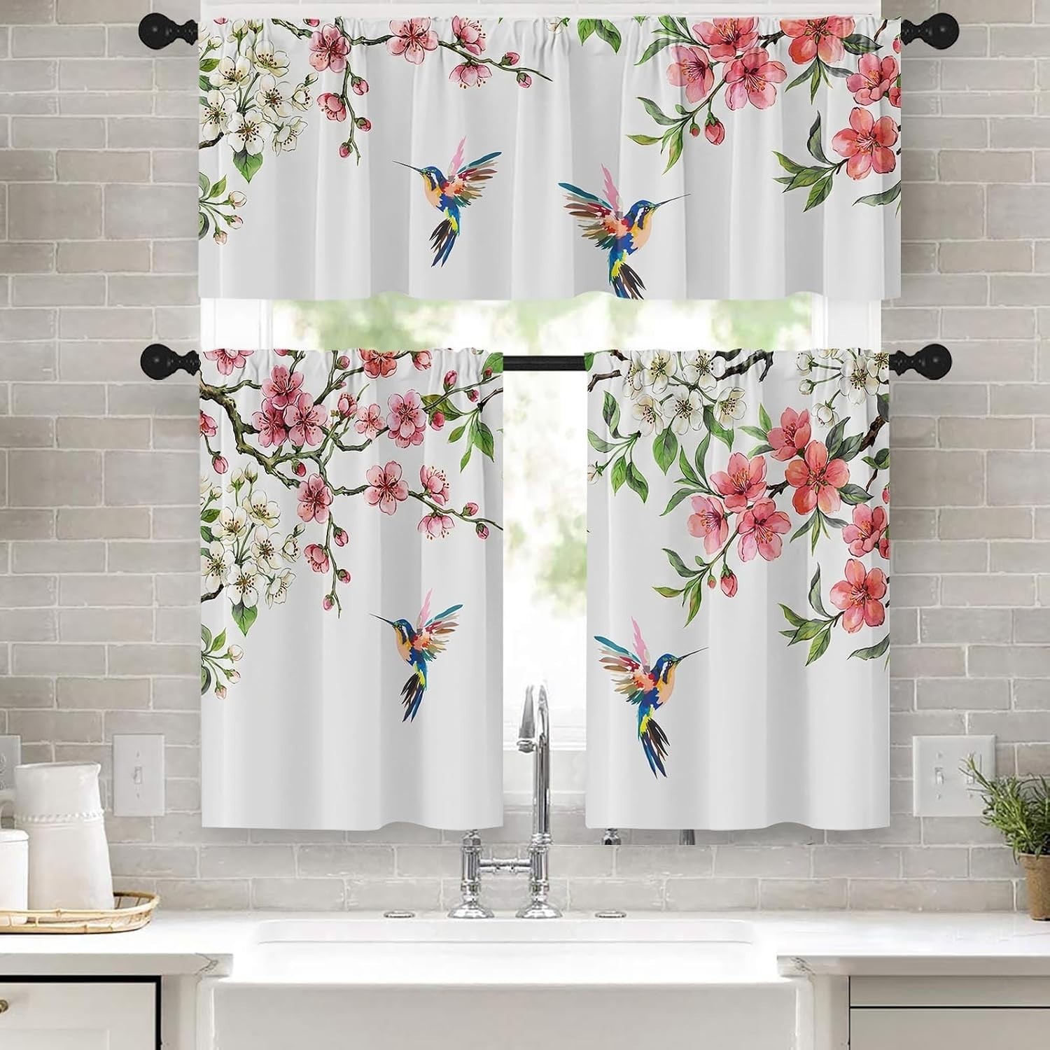 Flower Bird Kitchen Curtains Spring Butterfly Window Curtains Valance and Tier