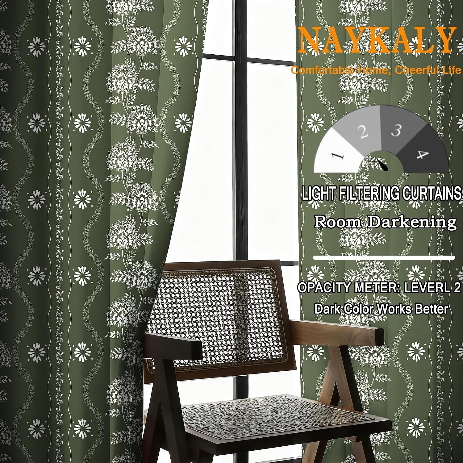 Green Floral Curtains 84 Inch Length 2 Panels Set Olive Green and White Vintage