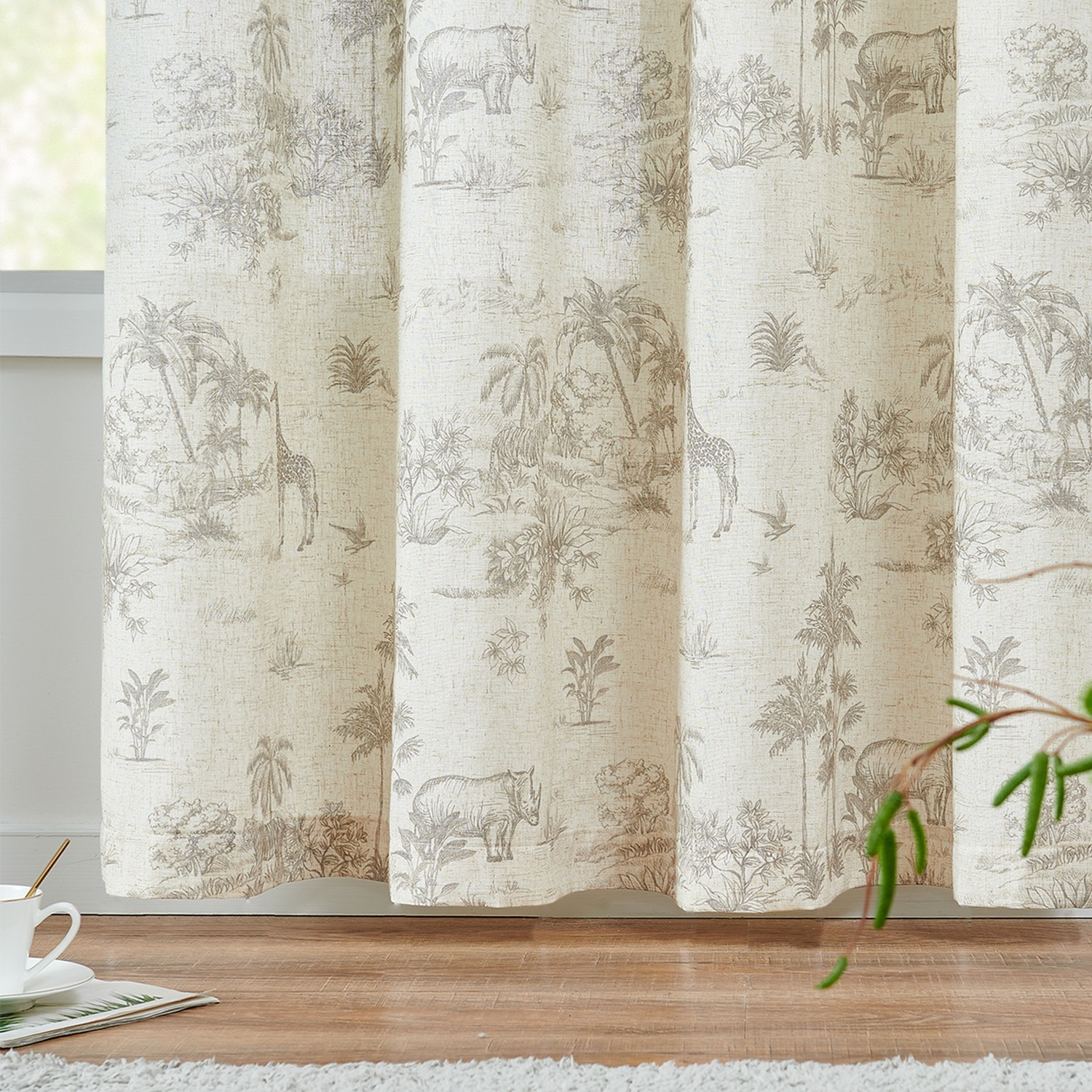 84 ” Long French Country Curtains Toile Printed Linen Sheer Drapes Grommet Grey
