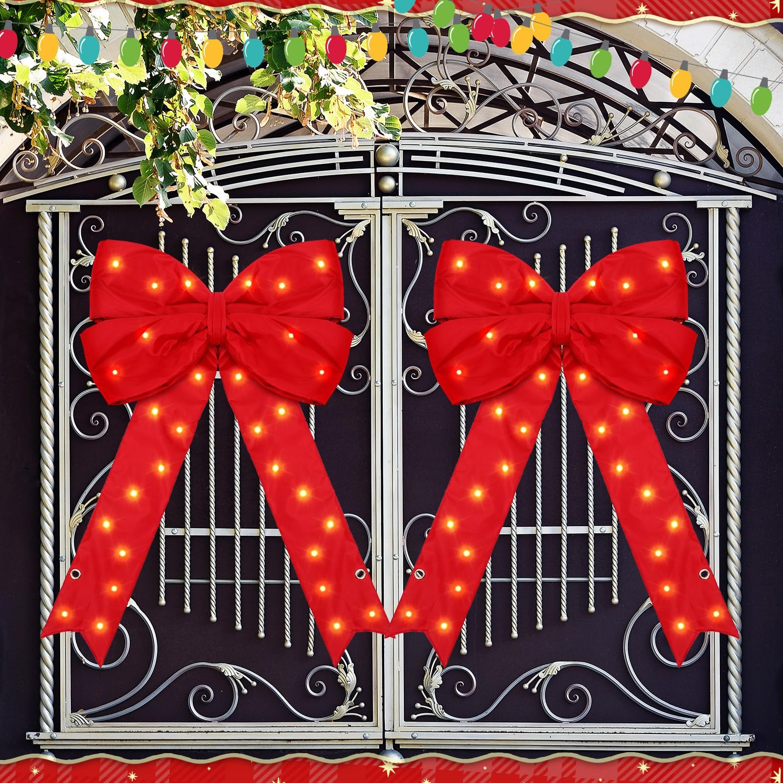 Large LED Red Christmas Bow Xmas Giant Lighted Glitter Bow Tree Topper Orname…