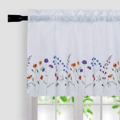 PKT Floral Embroidery Curtain Valance, White Elegant 50″W x 16″L (Pack of 1)
